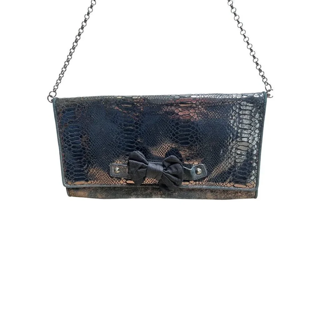 Betsey Johnson Faux Snake Skin Black Matallic Box Animal Print Clutch